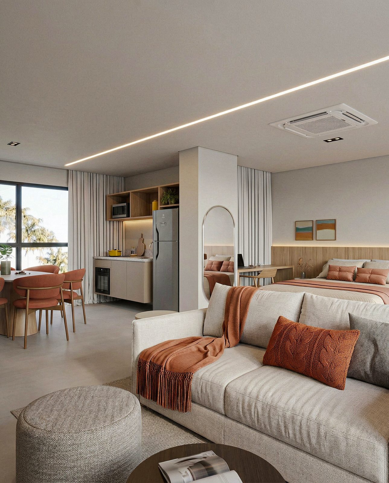 Apartamento de 1 quarto do Edf. Líbano entregue pela Personalizze, com sala, cozinha e jantar mobiliados e decorados